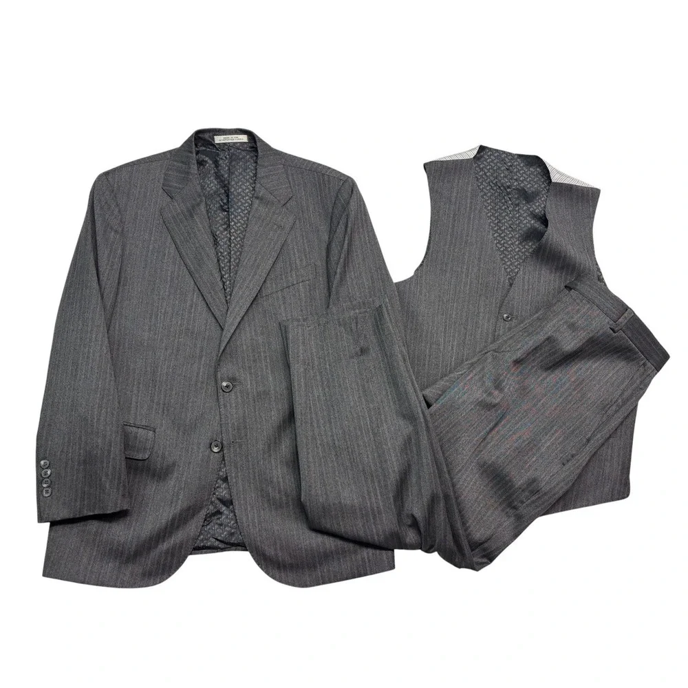 Joseph Abboud 40S 34x30 Gray Herringbone 3pc Pant Suit Italian Flannel Wool